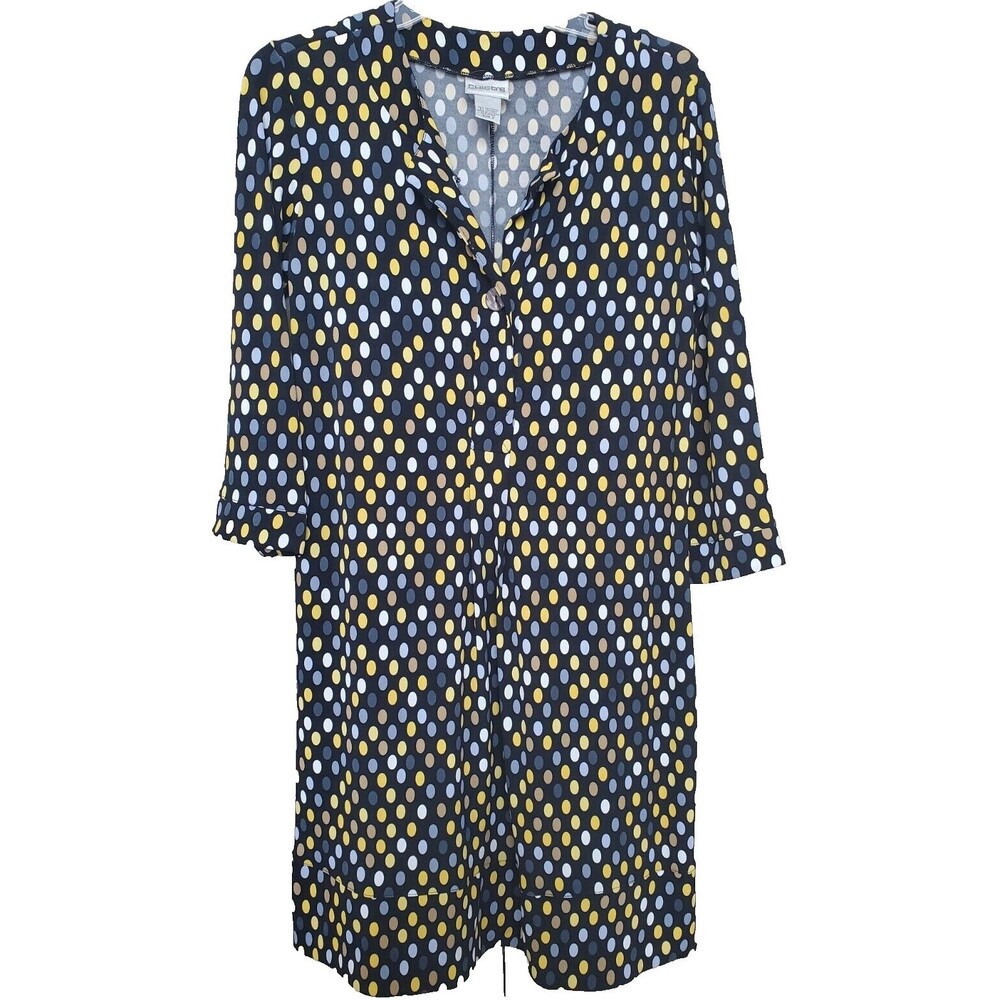 CHICO'S Henley Neck 3/4 Sleeve Navy Blue Polka Dot Stretch Dress Size 0 Small